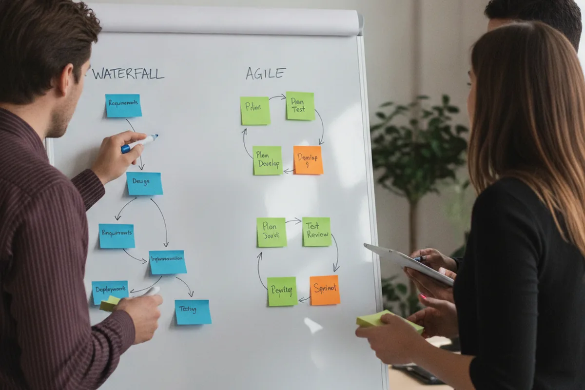 Команда сравнивает последовательный процесс Waterfall и итеративный цикл Agile на доске со стикерами