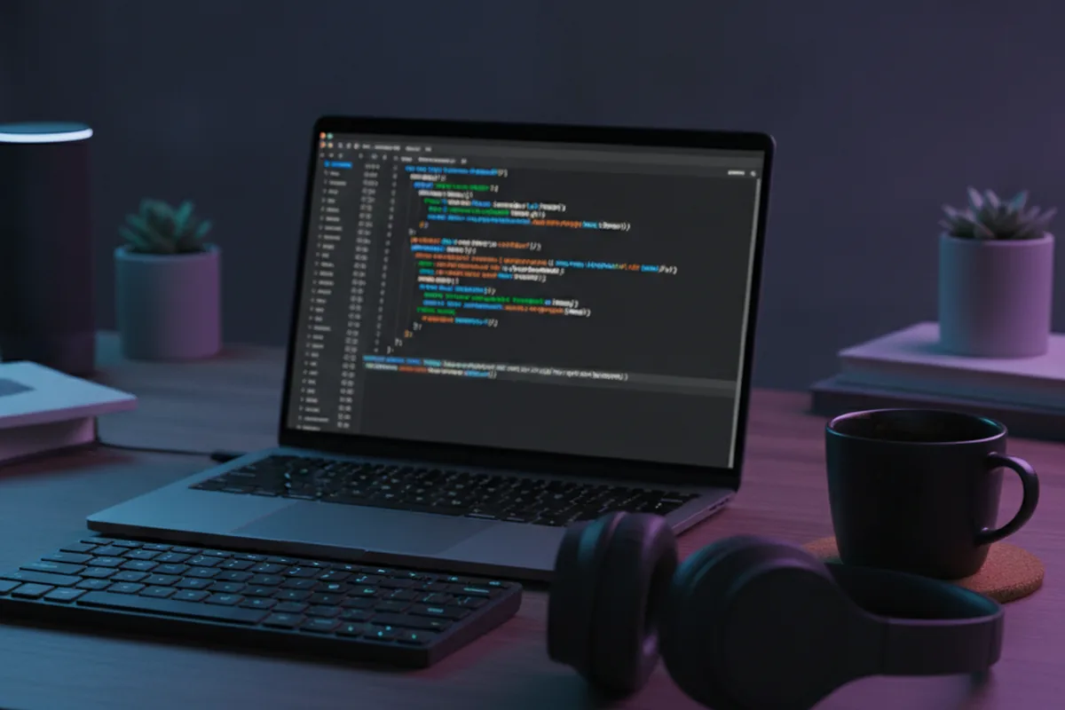 Рабочее место разработчика с кодом на Python в тёмной теме редактора