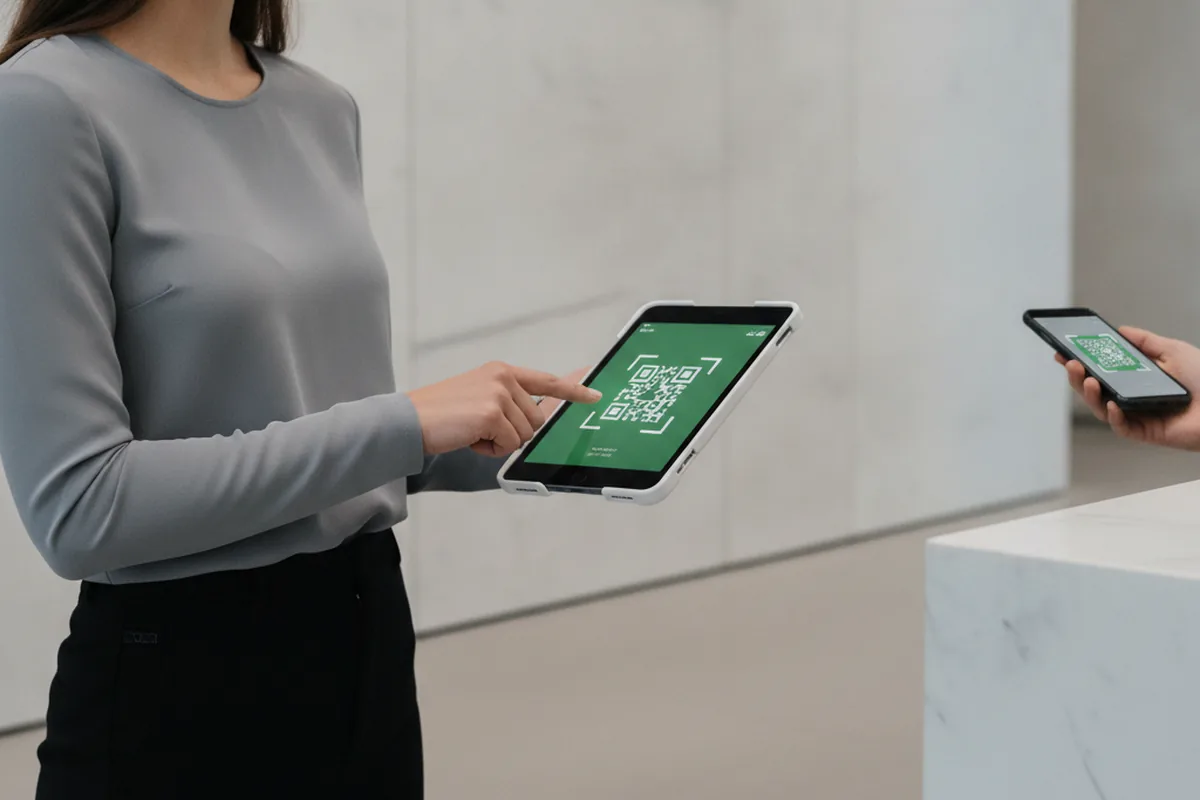 Проверка QR-пропуска гостя на планшете ресепшена в бизнес-центре