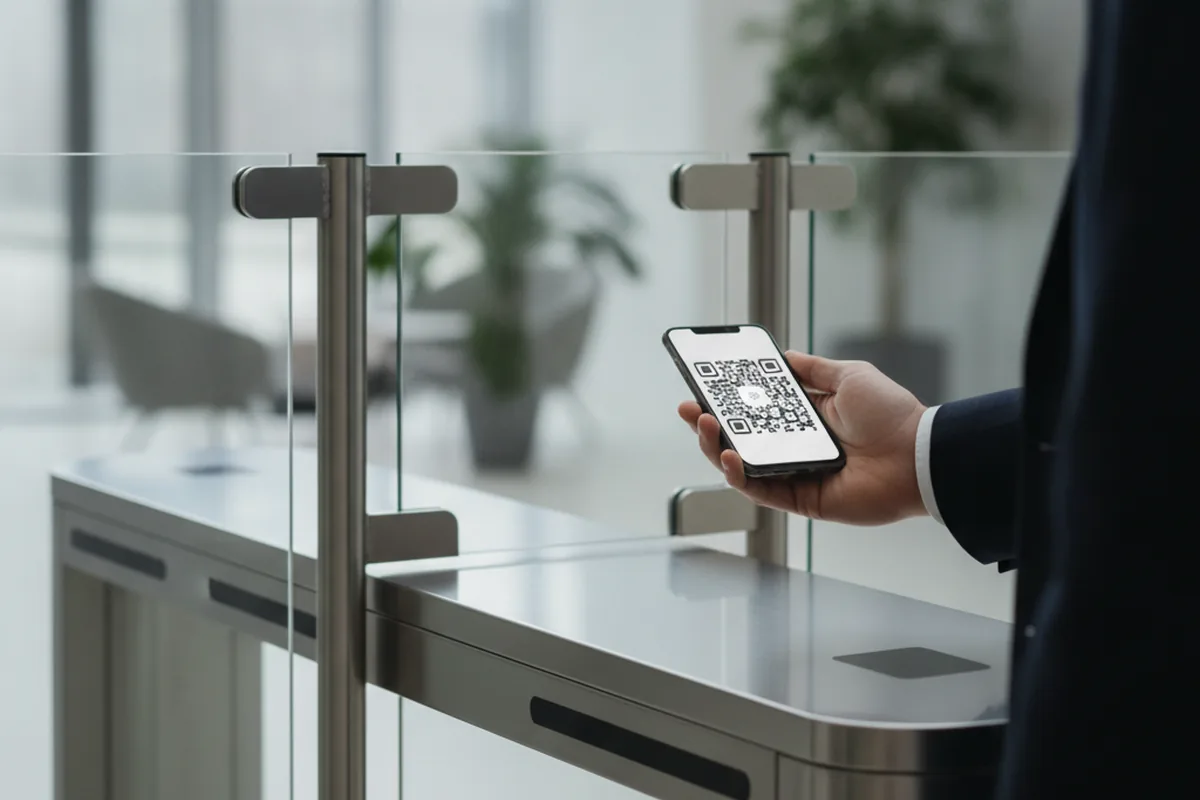 Сканирование QR-кода на смартфоне для прохода через турникет в офисе