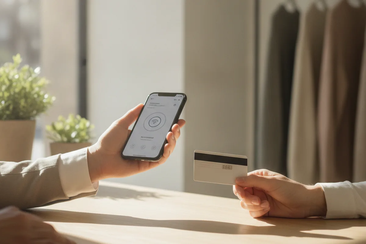 Продавец принимает бесконтактную оплату картой через NFC смартфона без дополнительного терминала