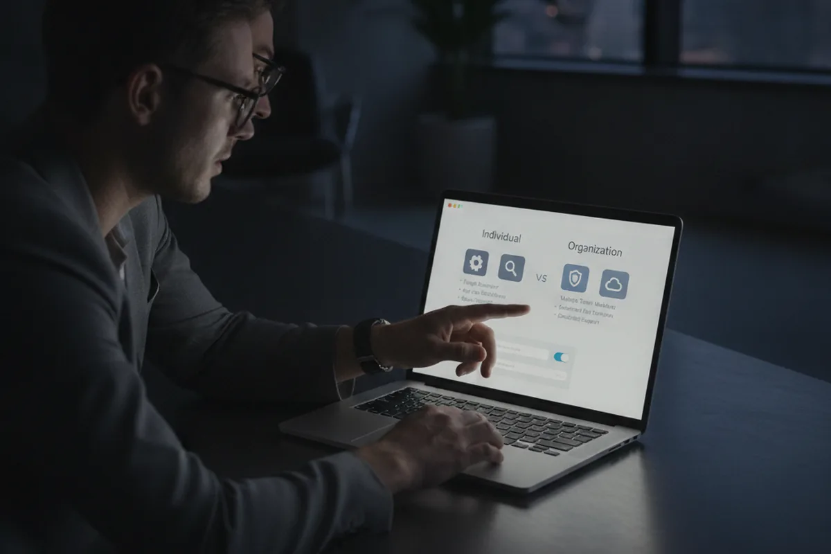 Менеджер сравнивает типы аккаунта Apple Developer — Individual и Organization — на экране ноутбука