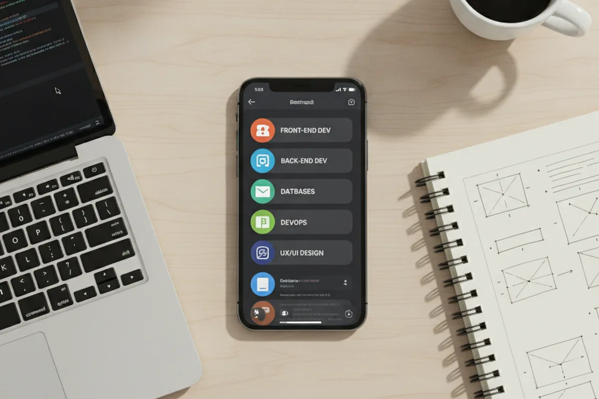 Смартфон с каналами Telegram, сгруппированными по направлениям веб-разработки, рядом с ноутбуком и блокнотом