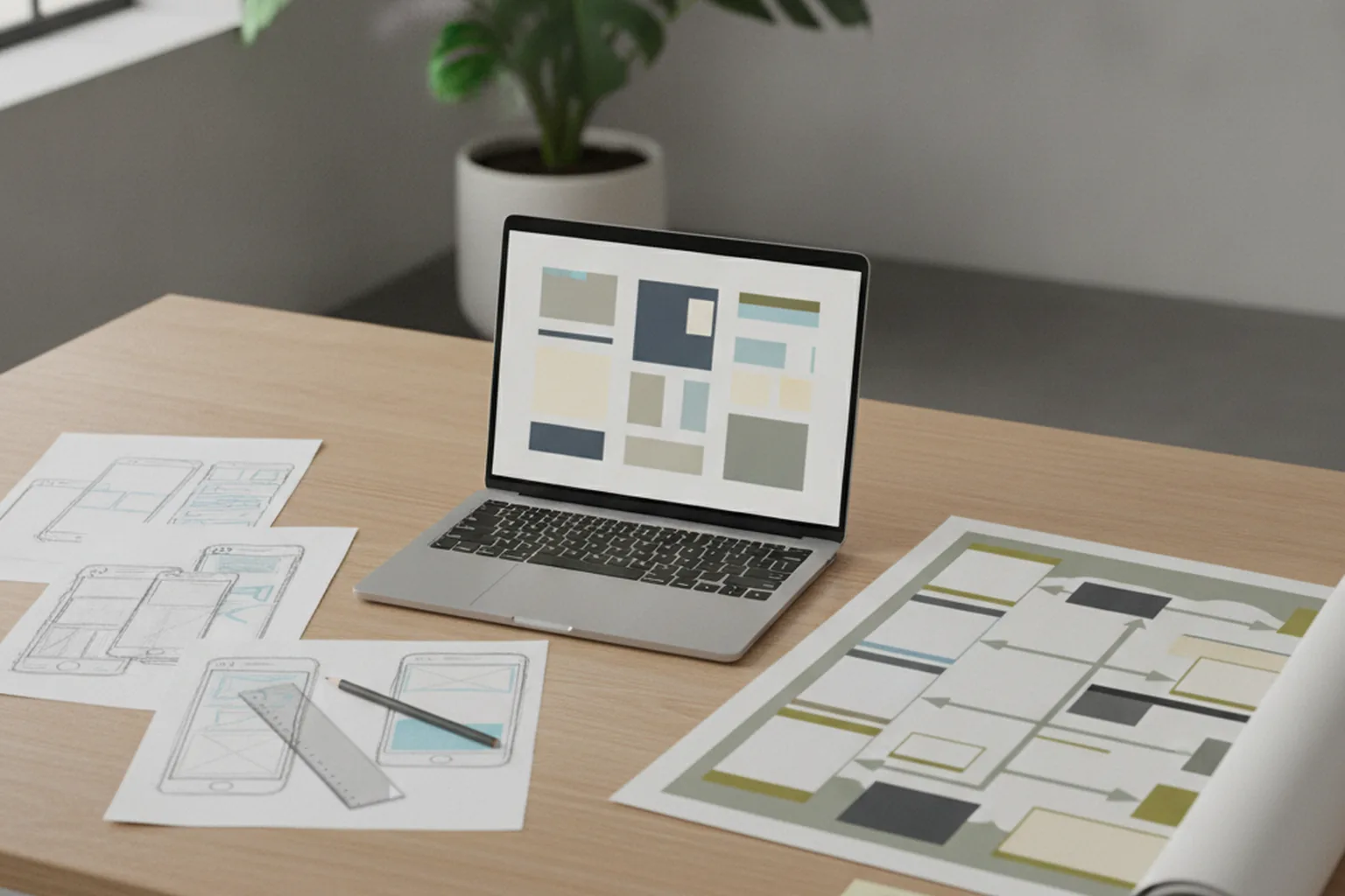 Рабочий стол дизайнера: вайрфреймы, макет мобильного приложения и карта пользовательского пути — процесс UX-дизайна под ключ